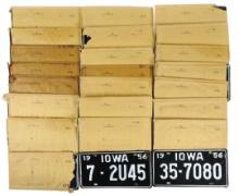 License Plates (19), all Iowa, 1956 singles, embossed metal, all in orig cou