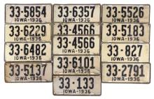 License Plates (21), all Iowa 1936 w/some pairs, pressed steel, Good+ to VG