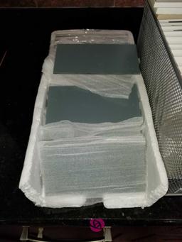 Lot of Grey Glass Tiles and Sample Backsplash Tile