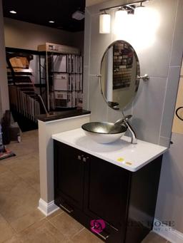 Bathroom vanity, vessel sink, mirror and light fixture