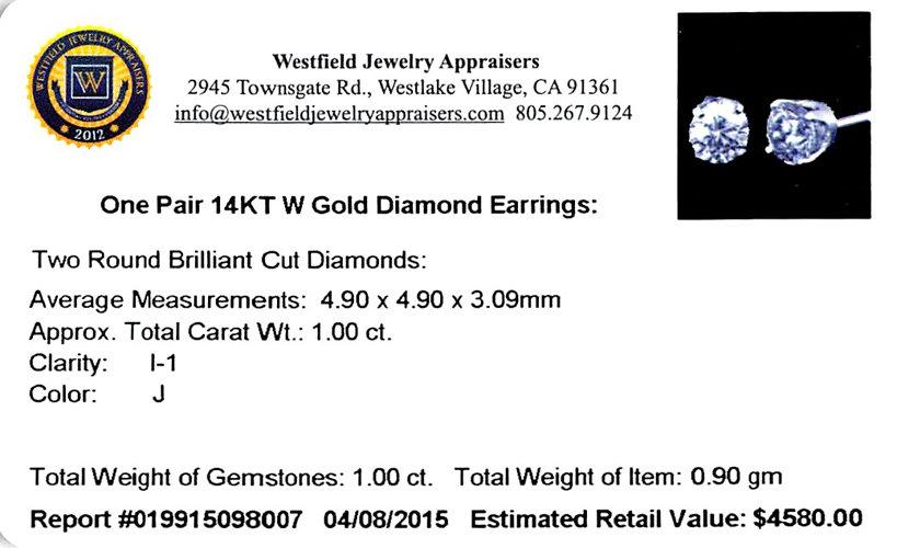 APP: 4.6k *Fine Jewelry 14 kt. White Gold, Custom Made 1.00CT Round Brilliant Cut Diamond Earrings