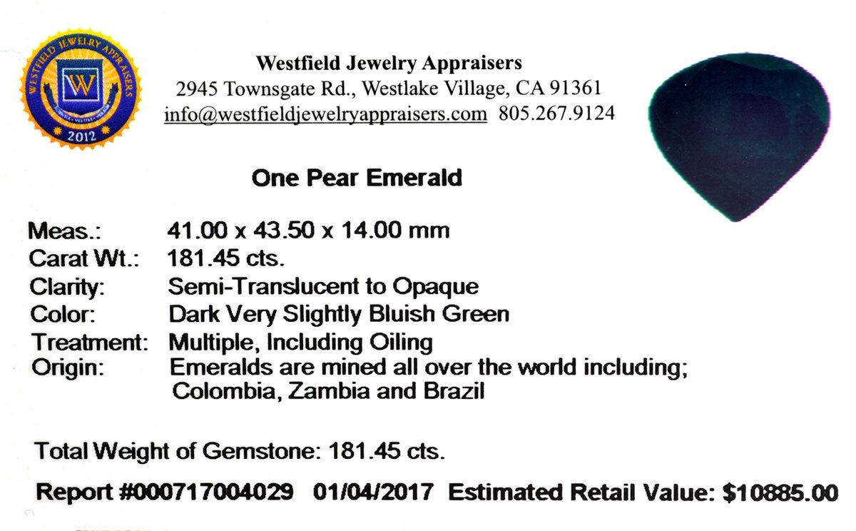 APP: 10.9k 181.45CT Pear Cut Green Emerald Gemstone