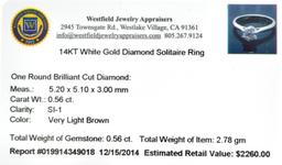 APP: 2.3k 14 kt. White Gold, 0.56CT Round Cut Diamond Ring