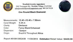 APP: 6.4k 5.34CT Round Cut Rare Black Diamond Gemstone