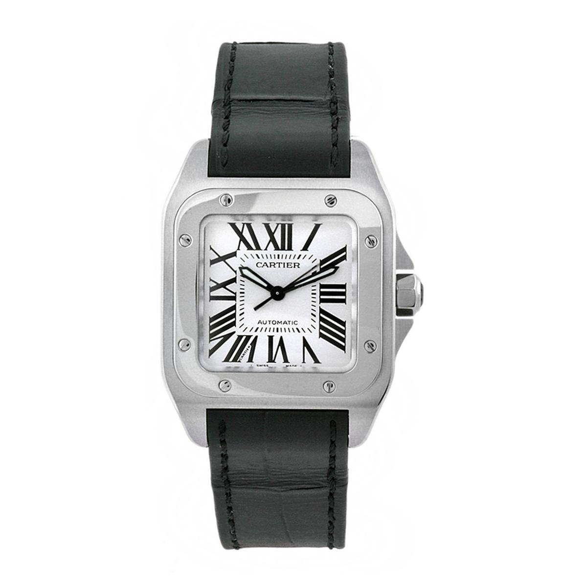 *Cartier Women's Santos Stainless Steel Case, Leather Strap, Silver Dial, Scratch-Resistant Watch