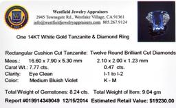 APP: 19.2k 14 kt. White Gold, 7.77CT Rectangular Cushion Cut Tanzanite And 0.47CT Diamond Ring
