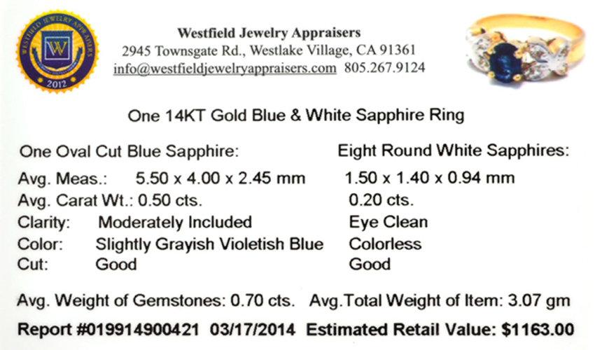 APP: 1.2k 14 kt. Gold, 0.50CT Oval Cut Blue And White Sapphire Ring