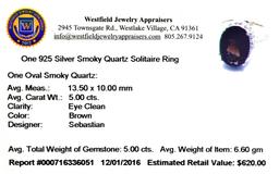 APP: 0.6k Fine Jewelry Designer Sebastian, 5.00CT Oval Cut Smoky Quartz And Sterling Silver Ring