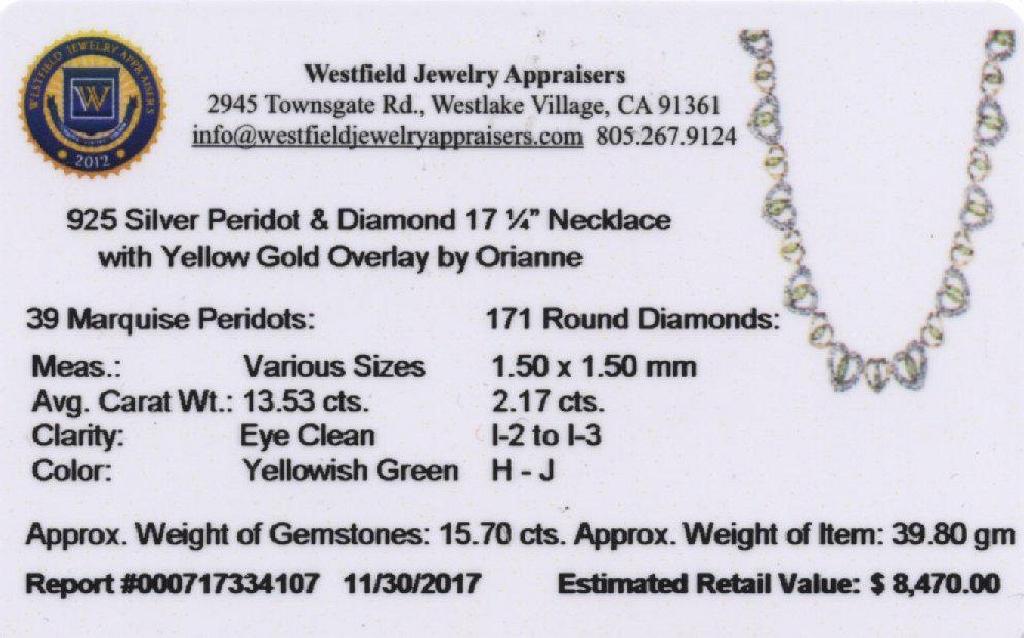 APP: 8.5k *Silver 13.53ctw Peridot and 2.17ctw Diamond Silver Necklace (Vault_R8_41965)