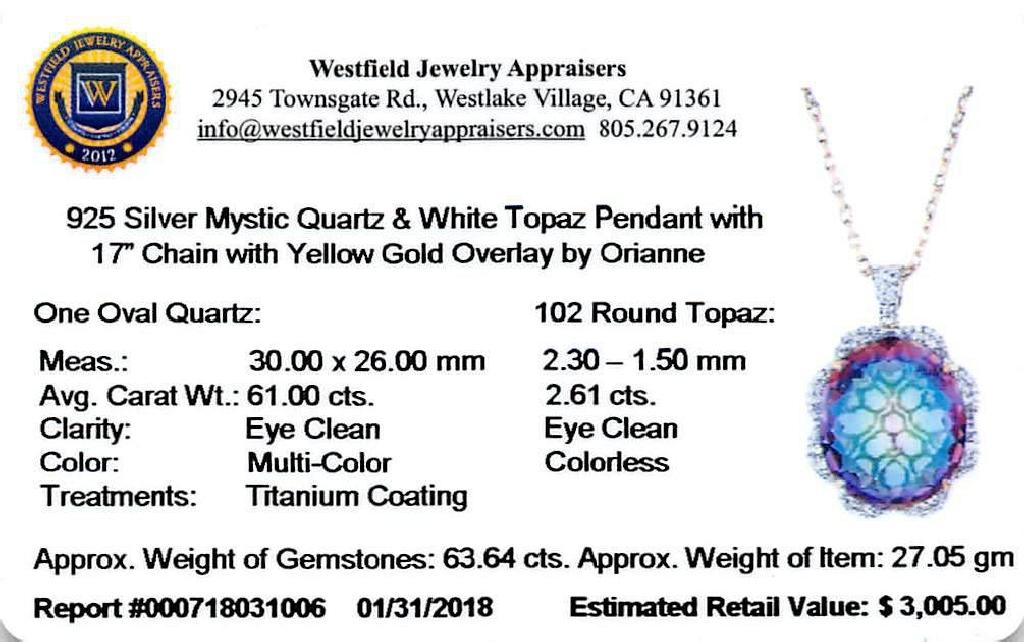 APP: 3k *Silver 61.00ct Mystic Quartz and 2.64ctw White Topaz Pendant/Necklace (Vault_R8_13655)