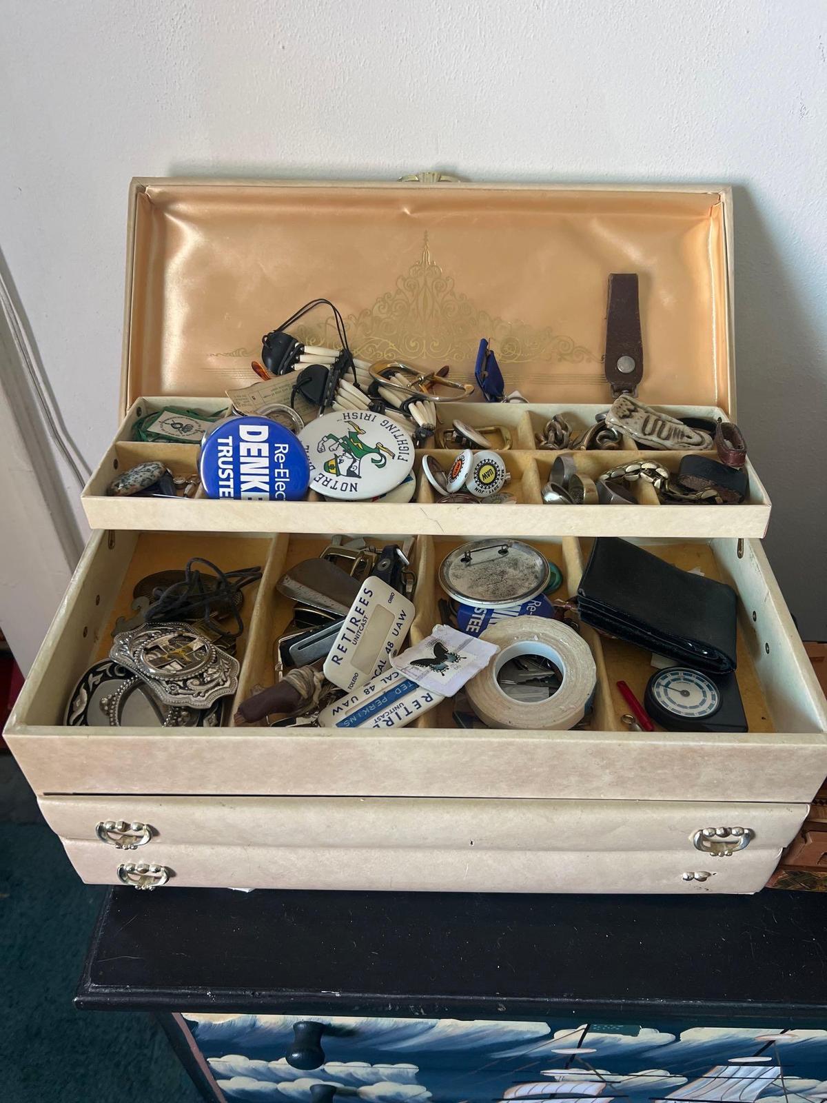 jewelry box with contents belt, buckles pins, and miscellaneous