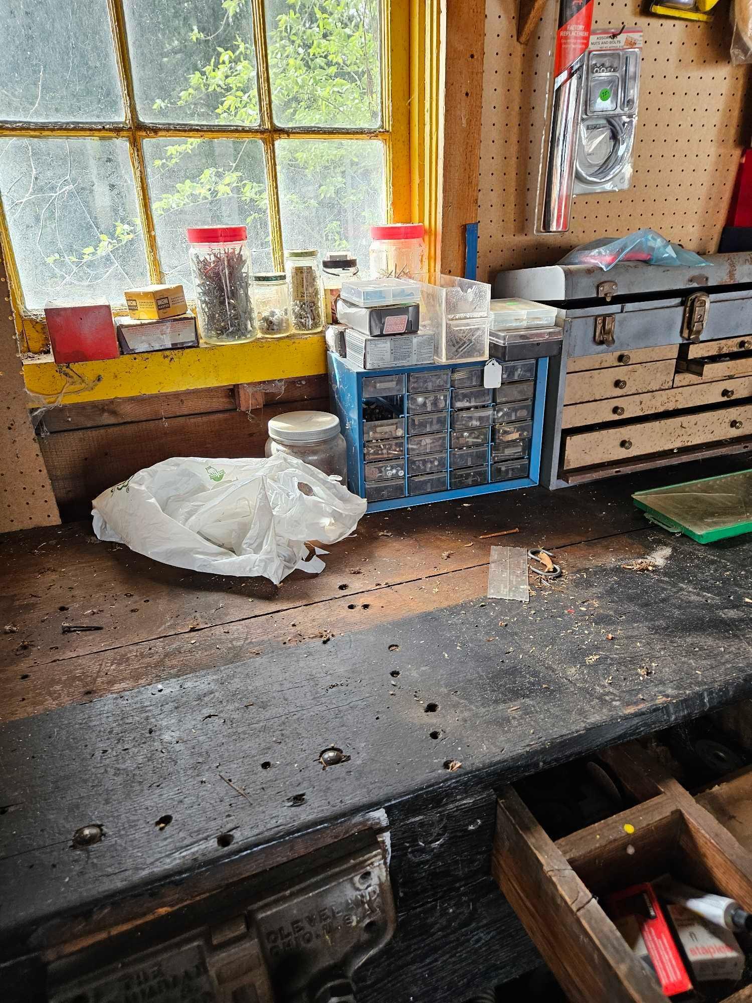Work bench with contents including vice.
