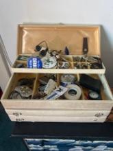 jewelry box with contents belt, buckles pins, and miscellaneous