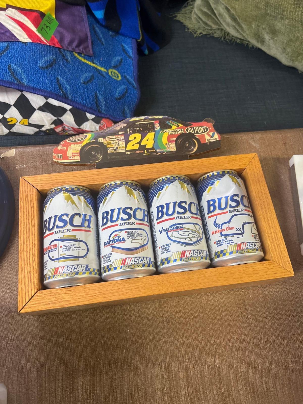NASCAR bush beer cans and wooden holder