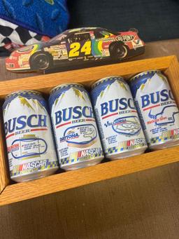 NASCAR bush beer cans and wooden holder