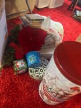 Christmas lot, decorations, tins cards, and more in basement