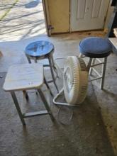 3 shop stools and fan