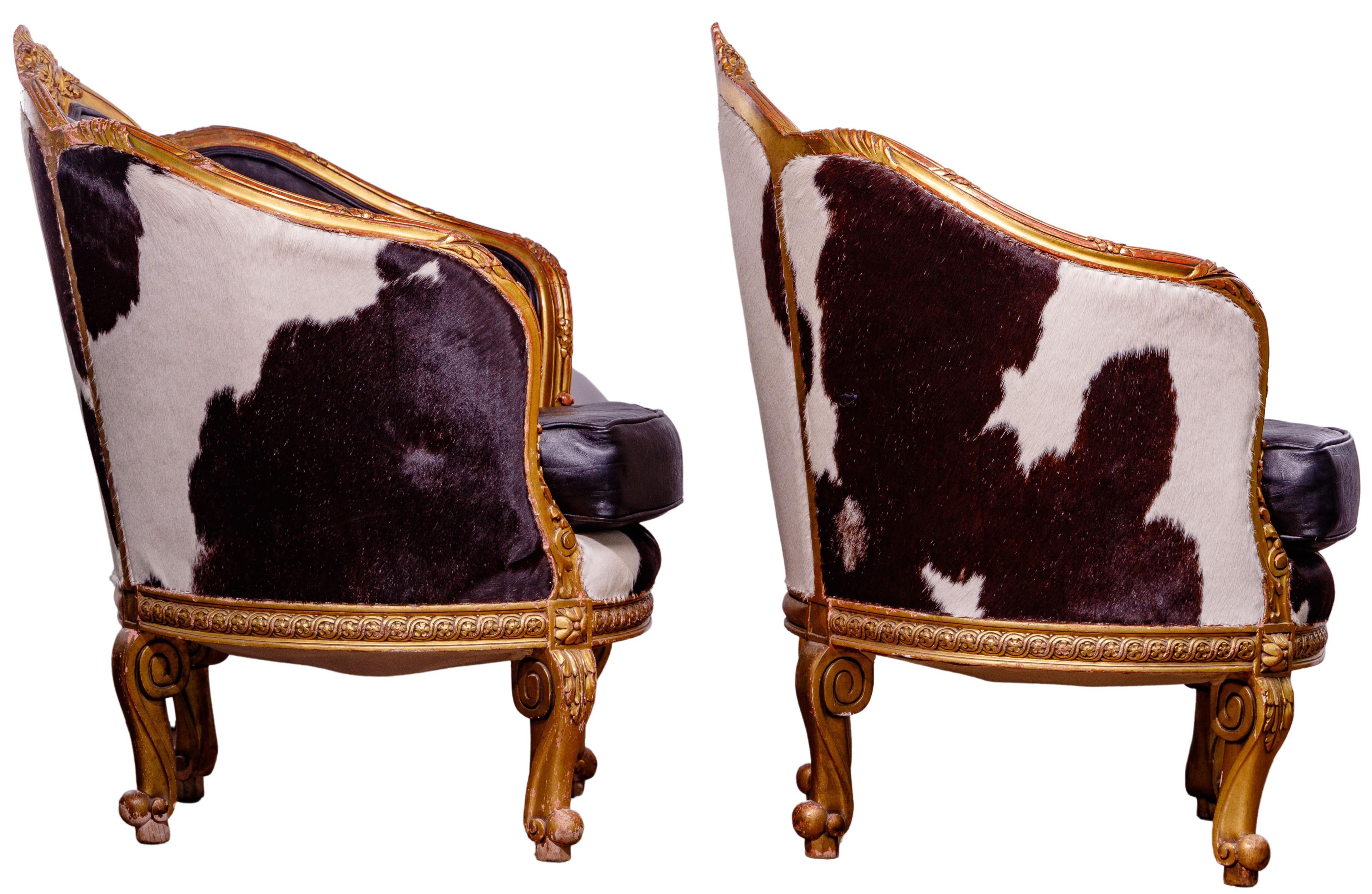 Victorian Style Cowhide and Leather Gilt Barrel Chairs