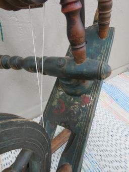Czech Style Spinning Wheel, painted green with flowers