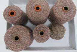 Five large spools with pink-grey, 6" tall and 3 1/2" to 6" diameter