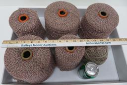 Five large spools with pink-grey, 6" tall and 3 1/2" to 6" diameter