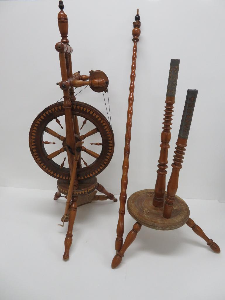 Outstanding Southern Germany Spinning Wheel & tall Distaff, chip carving & Decorative metalwork
