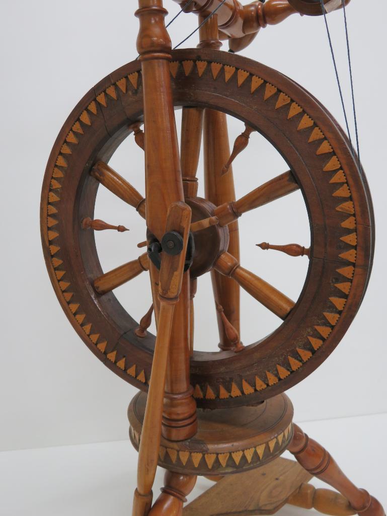 Outstanding Southern Germany Spinning Wheel & tall Distaff, chip carving & Decorative metalwork