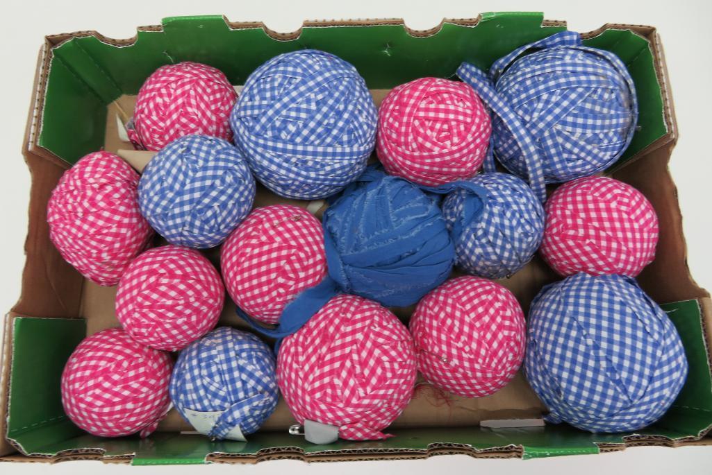 16 Gingham Farmhouse plaid yarn balls, blue and pink, 3 1/2" to 5 1/2"