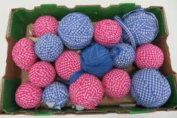 16 Gingham Farmhouse plaid yarn balls, blue and pink, 3 1/2" to 5 1/2"