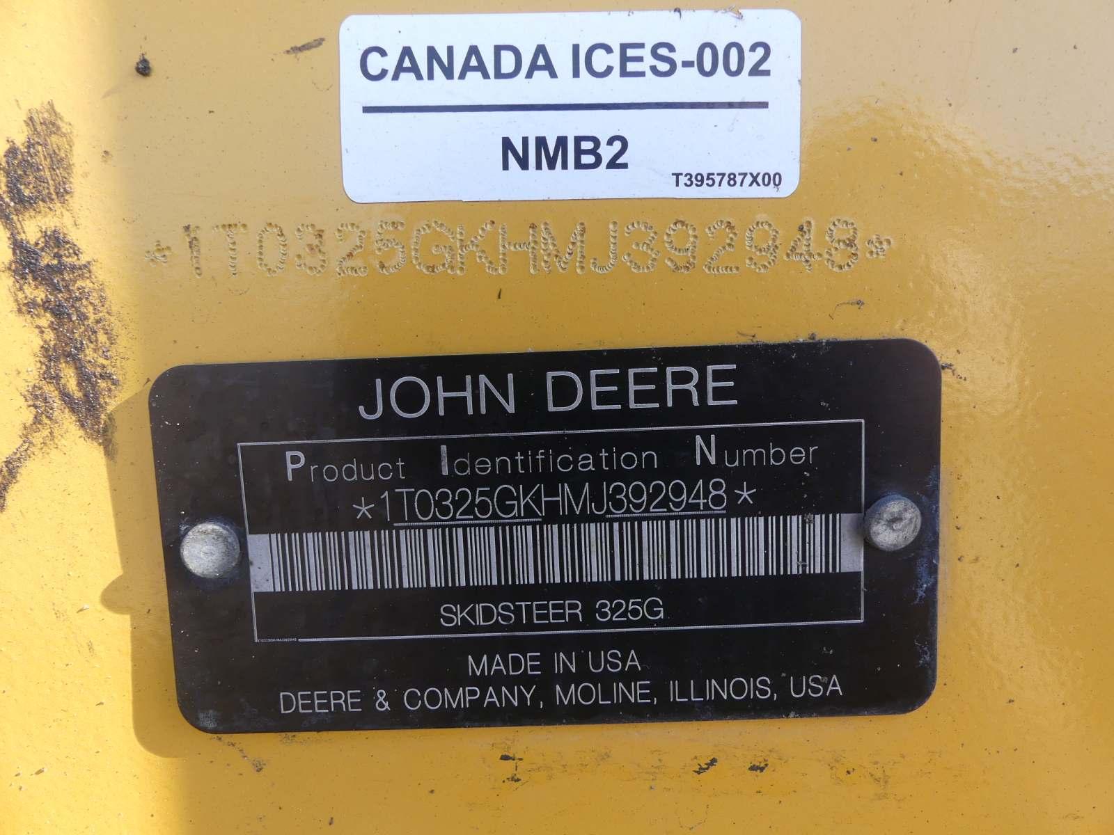 2021 John Deere 325G Skid Steer, s/n 1T0325GKHMJ392948: C/A, Hyd. QC GP Bkt