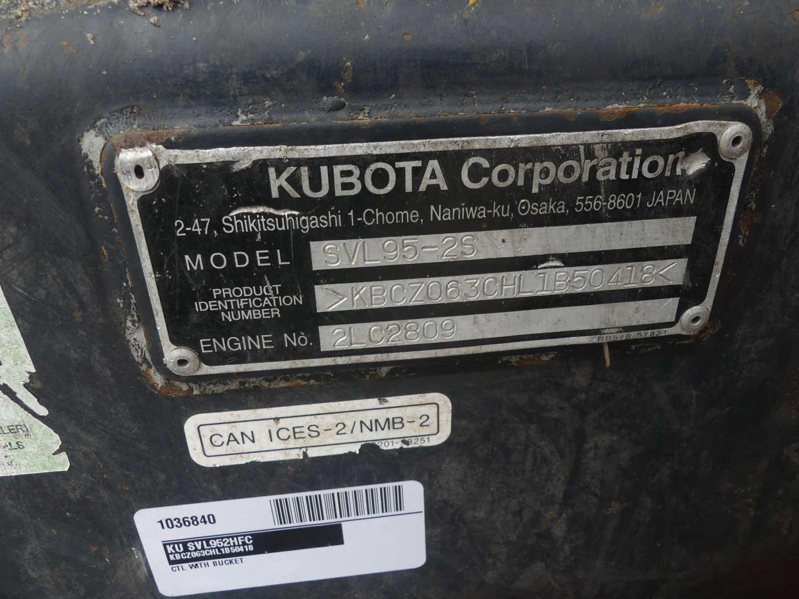 2020 Kubota SVL95-2S Skid Steer, s/n KBCZ063CHL1B50418: Encl. Cab, Hyd. QC