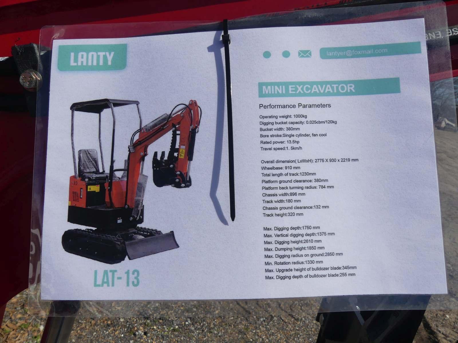 Unused 2024 Lanty LAT13 Mini Excavator, s/n LAT13240169: Rubber Tracks, 16"
