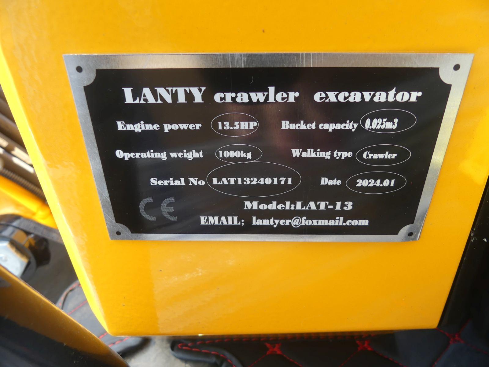 Unused 2024 Lanty LAT13 Mini Excavator, s/n LAT13240171: Rubber Tracks, 16"