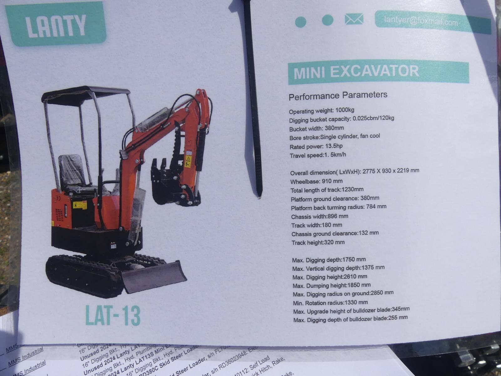 Unused 2024 Lanty LAT13 Mini Excavator, s/n LAT13240193: Rubber Tracks, 16"