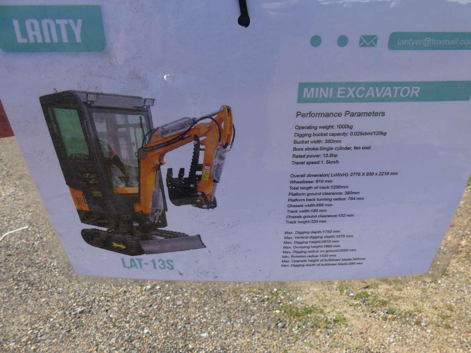 Unused 2024 Lanty LAT13S Mini Excavator, s/n LAT13S240146: Encl. Cab, Rubbe