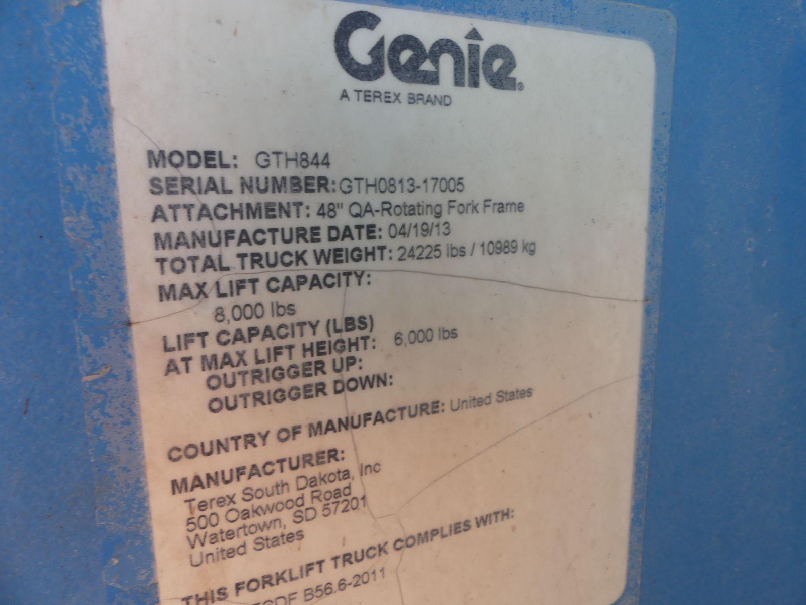 2013 Genie GTH844 Telescopic Forklift, s/n GTH0813-17005: Canopy, 8000 lb.