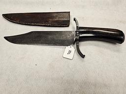 CUSTOM MADE BOWIE STYLE KNIFE WITH LEATHER SHEATH, IRON WOOD HANDLE