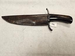 CUSTOM MADE BOWIE STYLE KNIFE WITH LEATHER SHEATH, IRON WOOD HANDLE