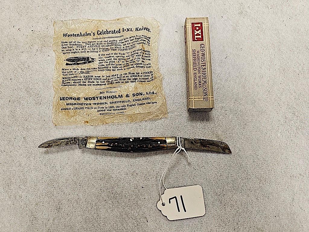 IXL SHEFFIELD ENGLAND 2 BLADE STAG HANDLE POCKET KNIFE IN ORIGINAL BOX