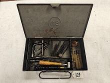 ANTIQUE MISCELLANEOUS FIREARM TOOLS AND CLEANING KIT IN US METAL BOX