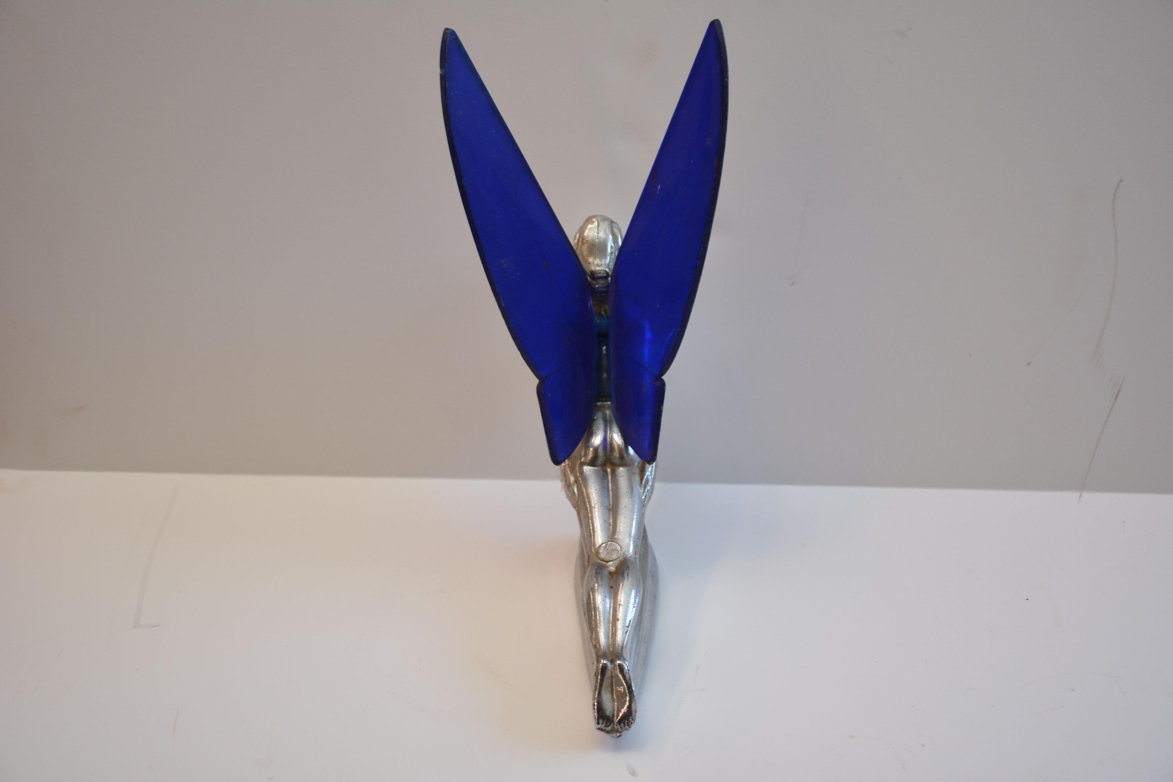 Vintage Flying Lady Hood Ornament W/ Blue Wings