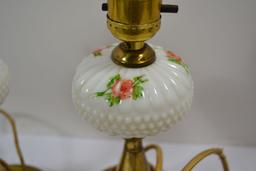 Pair of Handpainted Hobnail Milk Glass Electric Lamps w/Brass Colored Bases; 11"; Needs Rewired
