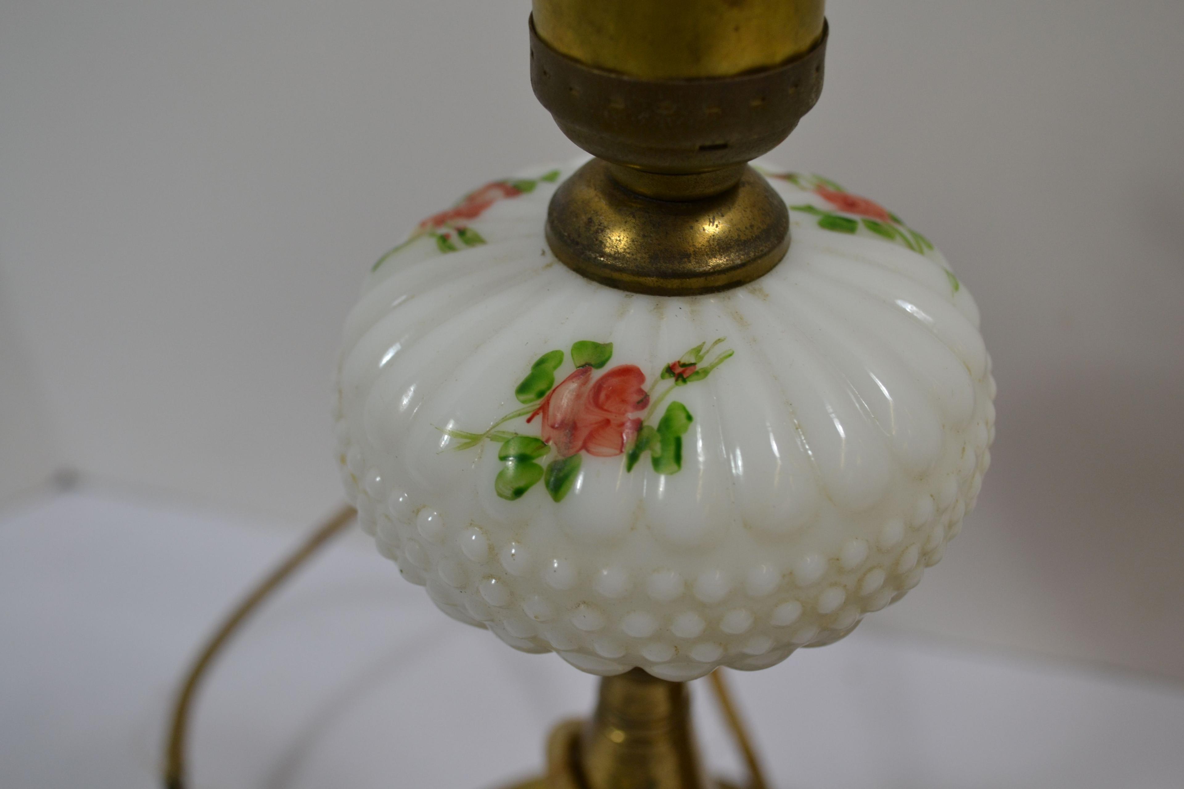 Pair of Handpainted Hobnail Milk Glass Electric Lamps w/Brass Colored Bases; 11"; Needs Rewired