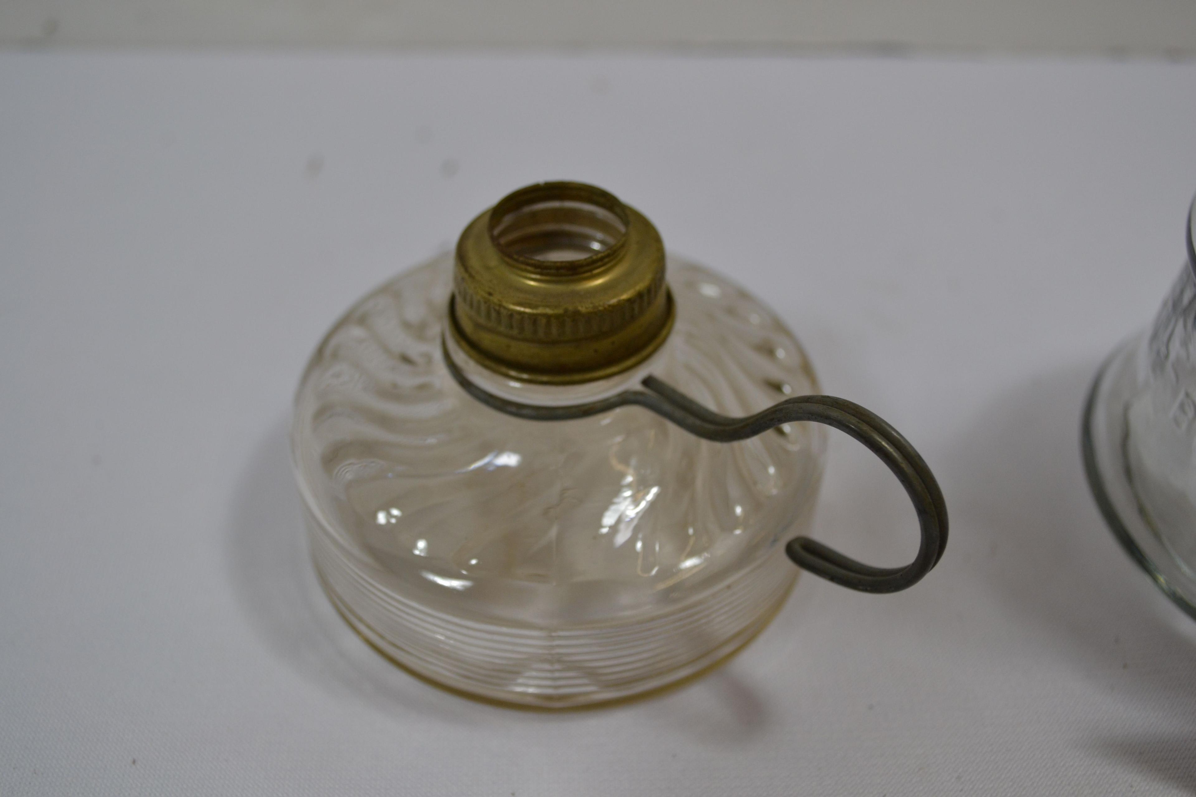 Pair of Mini Oil Finger Lamps; w/Glass Bases; One Missing Chimney and One "Little Buttercup" On Base