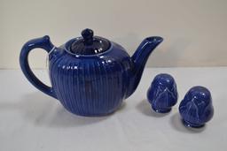 FraunFelter China Blue Tea Pot and Unmarked Salt and Pepper Set