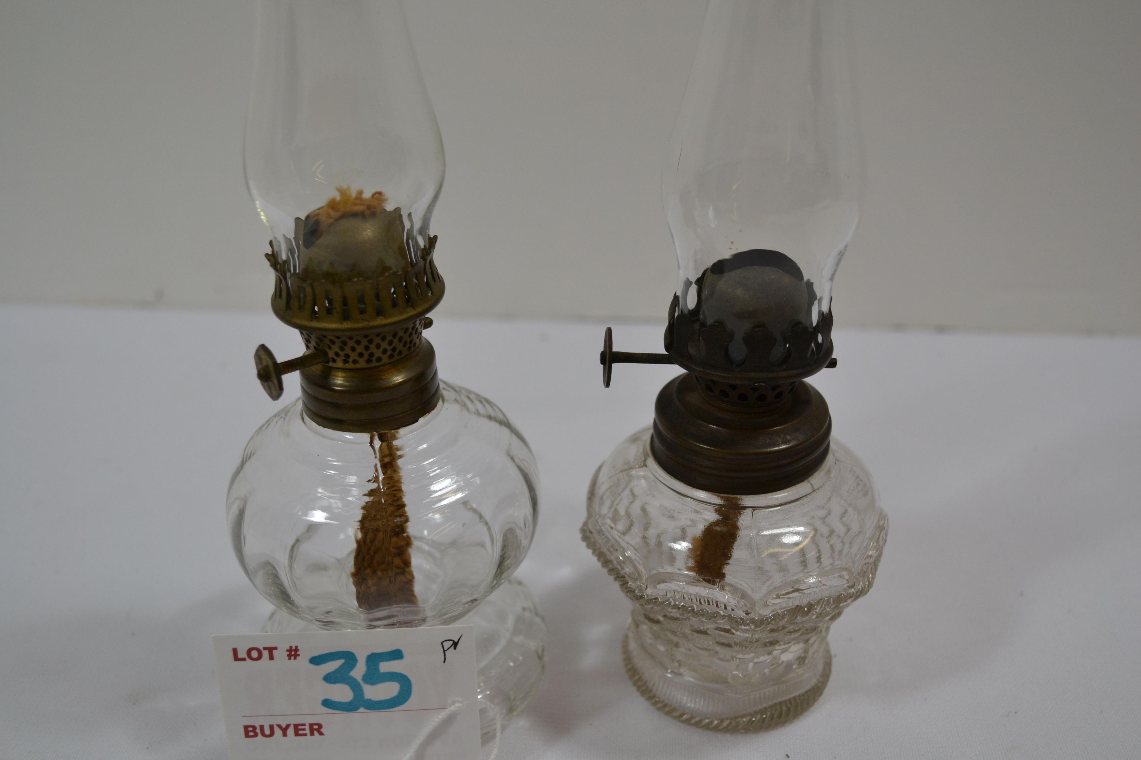 Pair of Clear Mini Oil Lamps; Basket Style and Ribbed