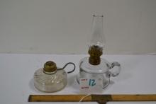 Pair of Mini Oil Finger Lamps; w/Glass Bases; One Missing Chimney and One "Little Buttercup" On Base