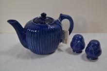 FraunFelter China Blue Tea Pot and Unmarked Salt and Pepper Set