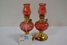 Pair of Mini Oil Lamps w/Quilted Cranberry Glass; Made in Hong Kong