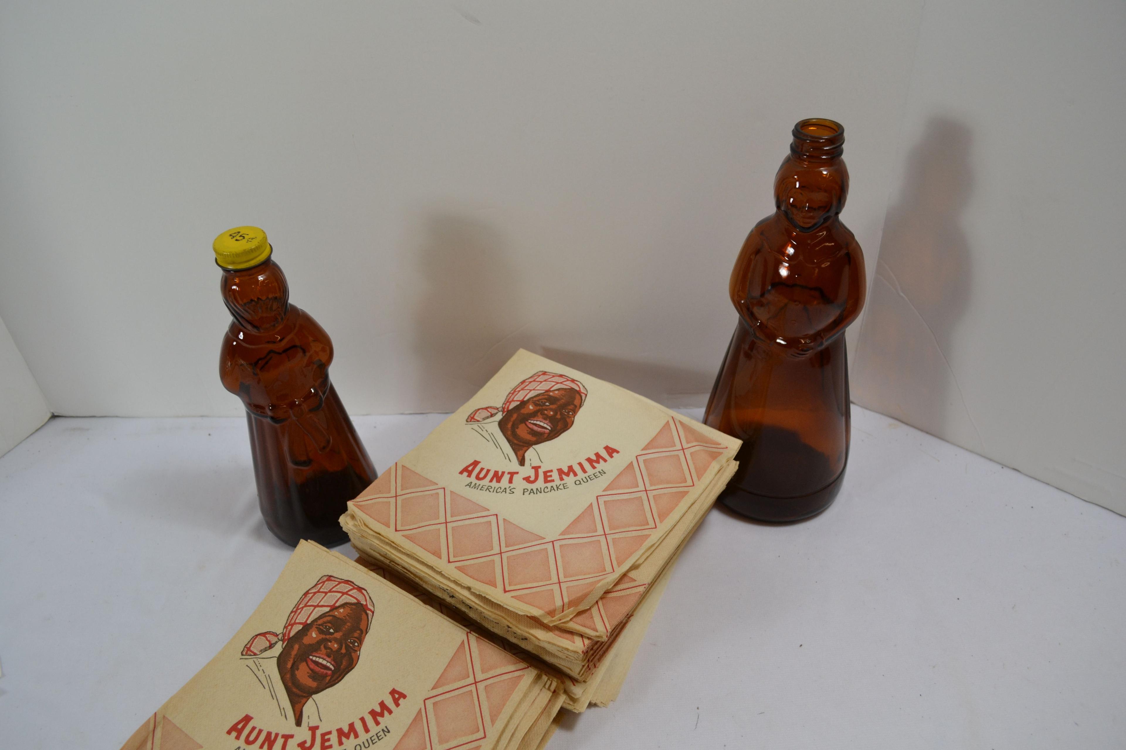 Pair of Vintage Mrs. Butterworth's Brown Syrup Bottles and Vintage Aunt Jemima Paper Napkins